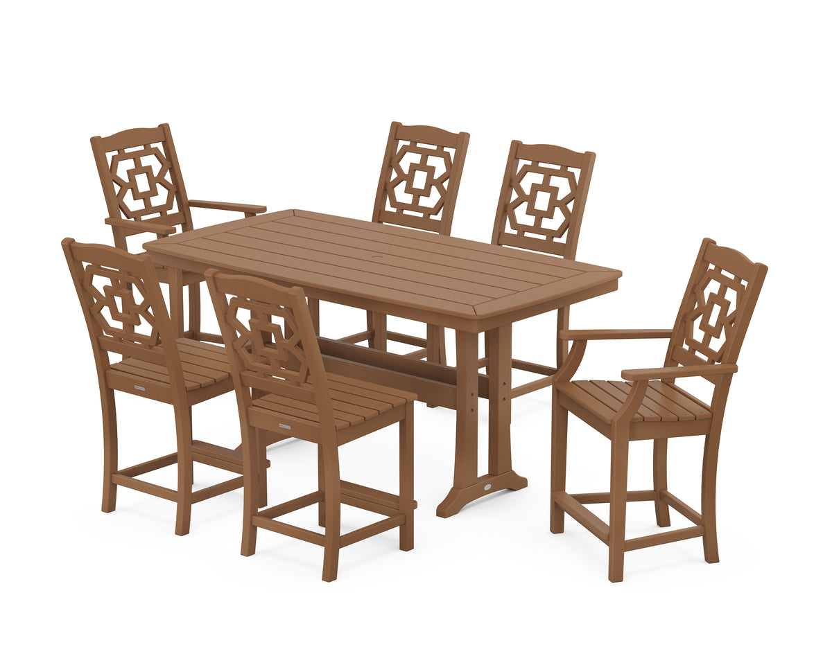 POLYWOOD Chinoiserie 7-Piece Counter Set with Trestle Legs in Teak