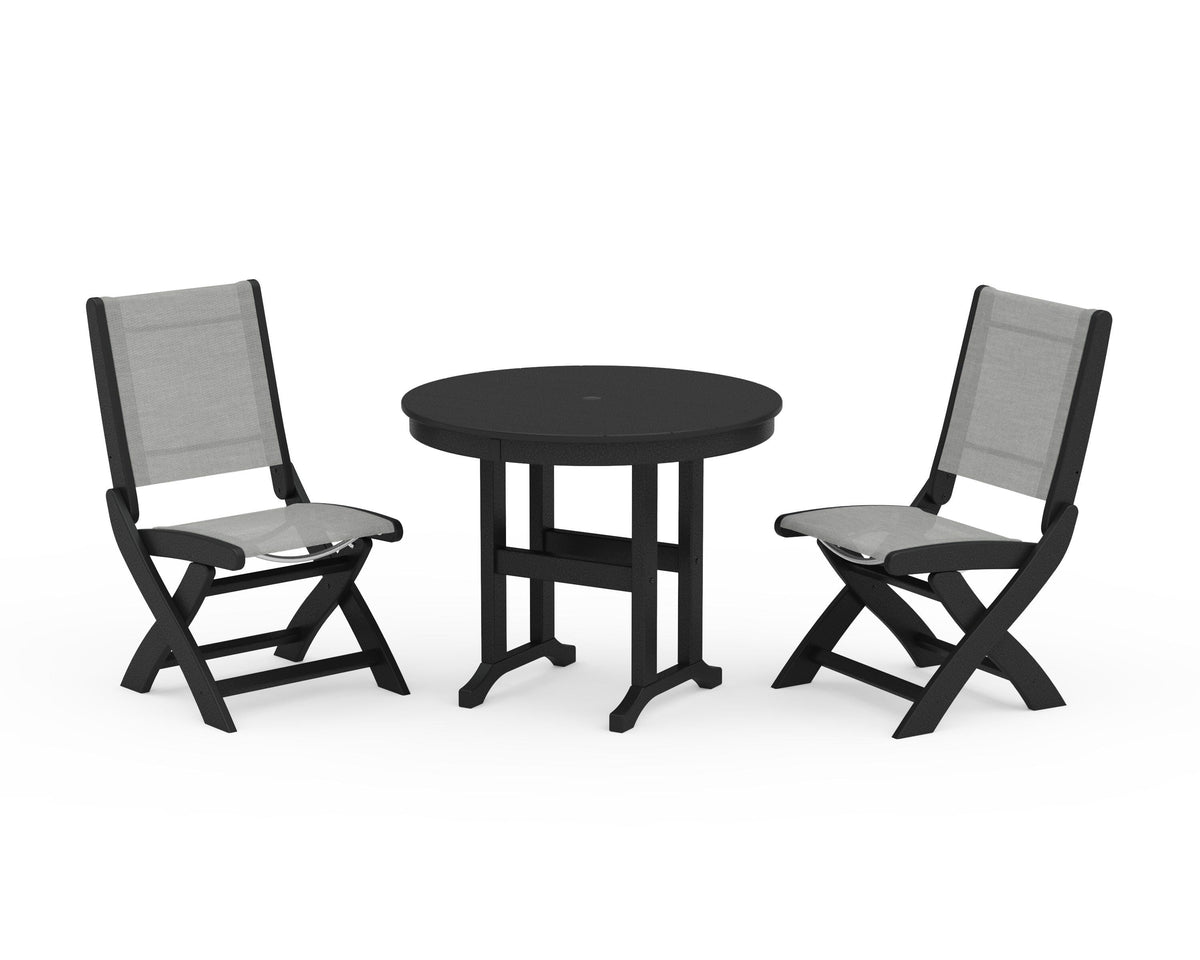 POLYWOOD Coastal Folding Side Chair 3-Piece Round Dining Set in Black / Metallic