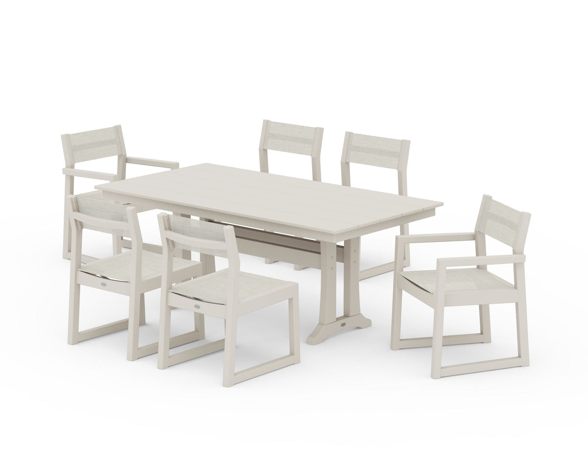 POLYWOOD EDGE Sling 7-Piece Farmhouse Trestle Dining Set in Sand / Parchment