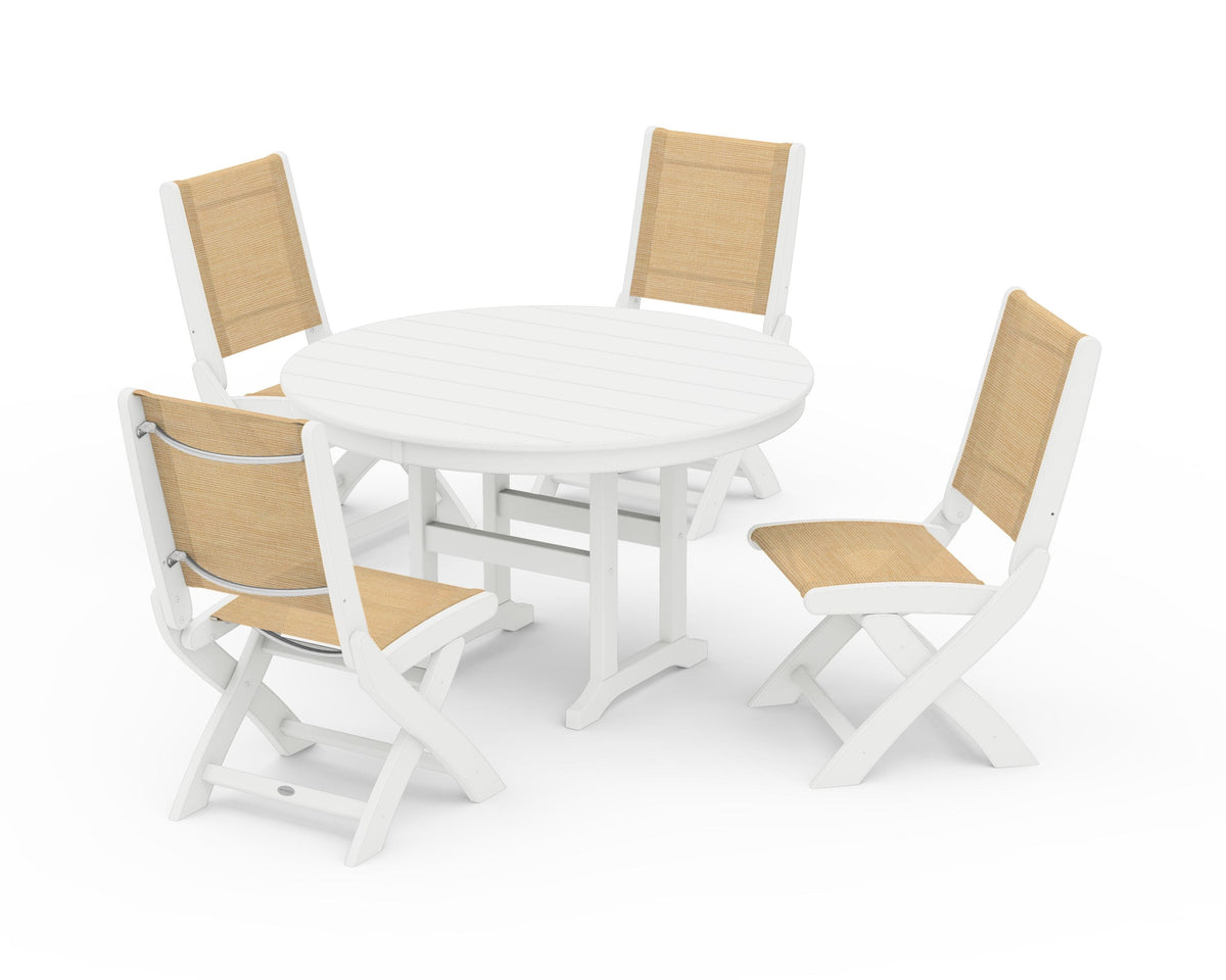 POLYWOOD Coastal Folding Side Chair 5-Piece Round Dining Set in White / Dupioni Apricot