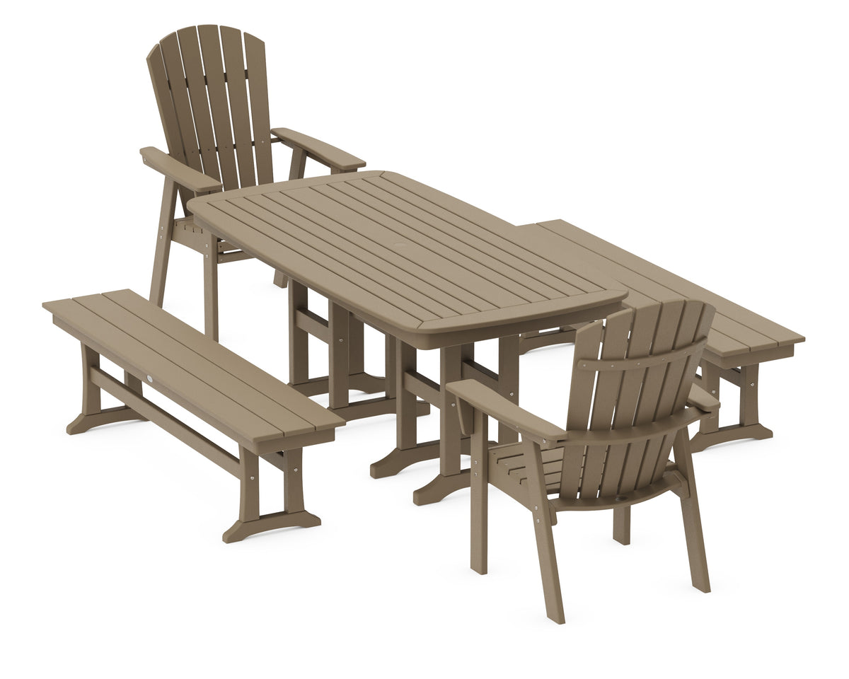 POLYWOOD Nautical Curveback Adirondack 5-Piece Dining Set with Benches - 37" x 72" Table in Vintage Sahara
