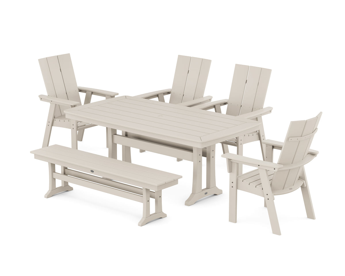 POLYWOOD Modern Curveback Adirondack 6-Piece Farmhouse Dining Set with Trestle Legs and Bench - 38" x 73" Table in Sand