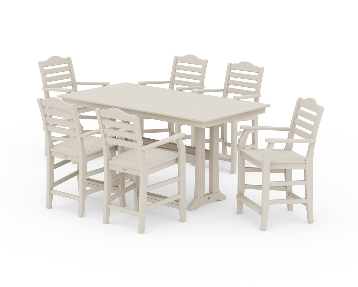 POLYWOOD Savannah Arm Chair 7-Piece Farmhouse Counter Set with Trestle Legs in Sand