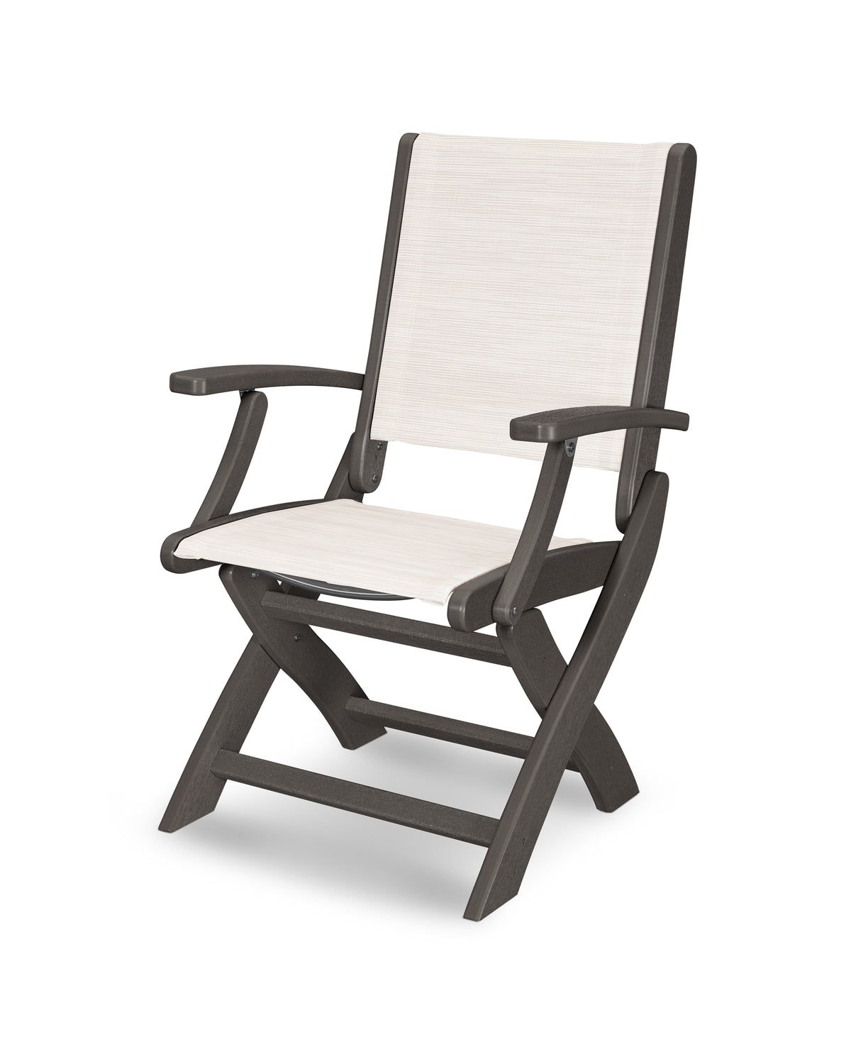 POLYWOOD Coastal Folding Chair in Vintage Coffee with Vintage Coffee arms and Parchment sling