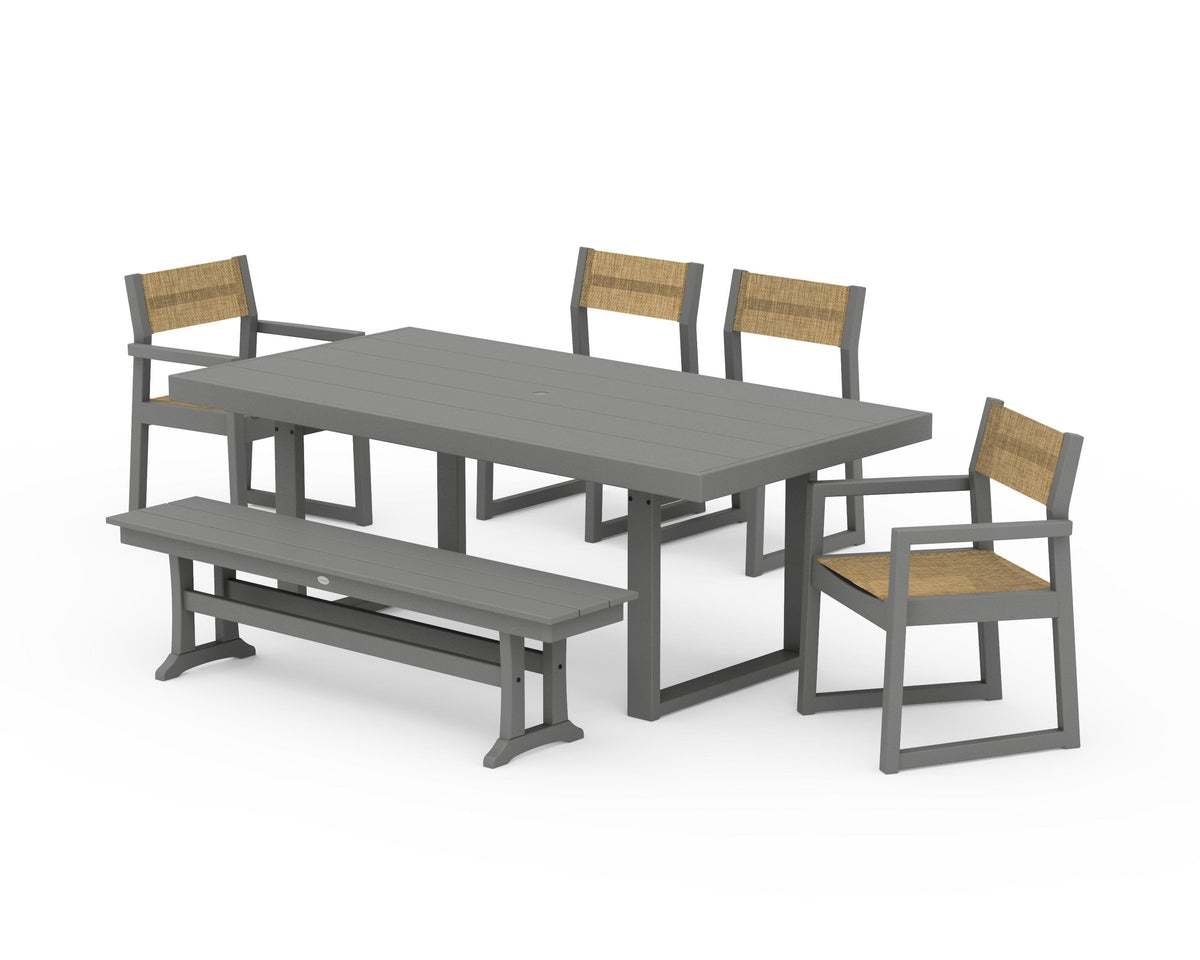 POLYWOOD EDGE Sling 6-Piece Dining Set with Bench in Slate Grey / Burlap