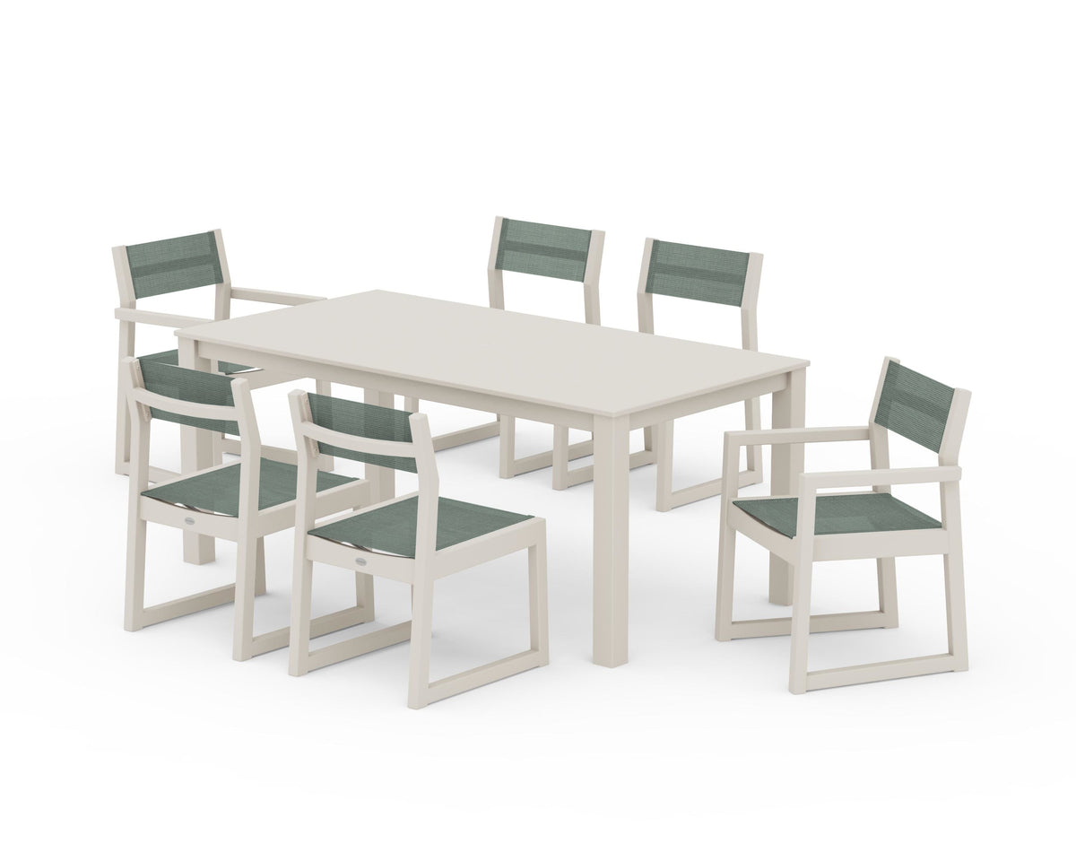 POLYWOOD EDGE Sling 7-Piece Parsons Dining Set in Sand / Dupioni Sea Mist