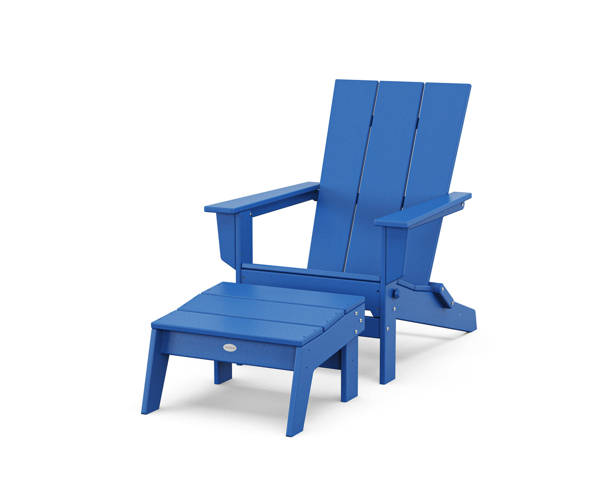 POLYWOOD Modern Studio Folding Adirondack Chair with Ottoman in Pacific Blue