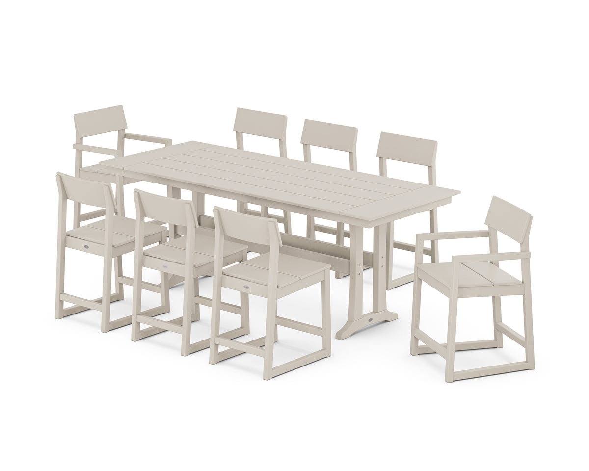 POLYWOOD EDGE 9-Piece Farmhouse Counter Set with Trestle Legs in Sand
