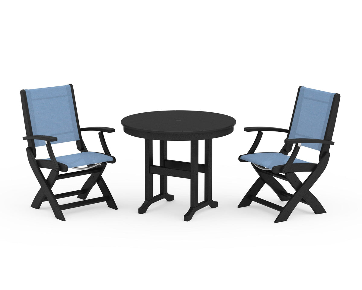 POLYWOOD Coastal Folding Chair 3-Piece Round Dining Set in Black / Poolside