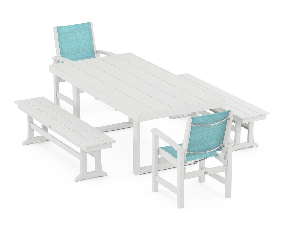POLYWOOD Coastal 5-Piece Dining Set with Trestle Legs with EDGE 40" x 78" Dining Table in White / Dupioni Aquamarine