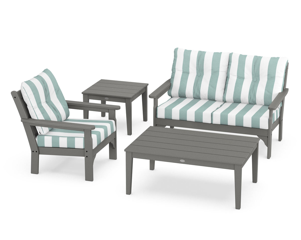 POLYWOOD Vineyard 4-Piece Deep Seating Set in Slate Grey / Cabana Stripe Glacier Spa