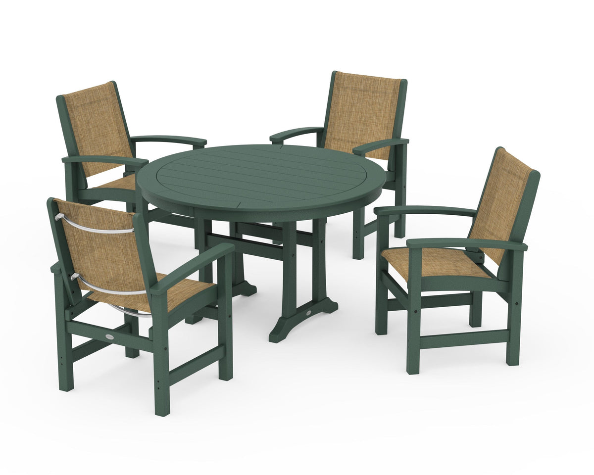 POLYWOOD Coastal 5-Piece Round Dining Set with Trestle Legs in Green / Burlap