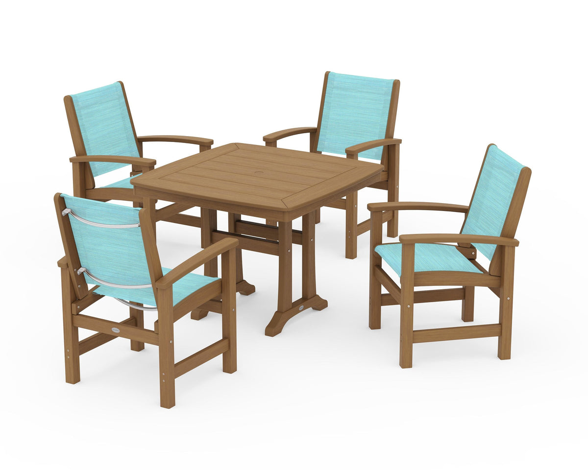 POLYWOOD Coastal 5-Piece Dining Set with Trestle Legs with Nautical Trestle 37" Dining Table in Natural / Dupioni Aquamarine