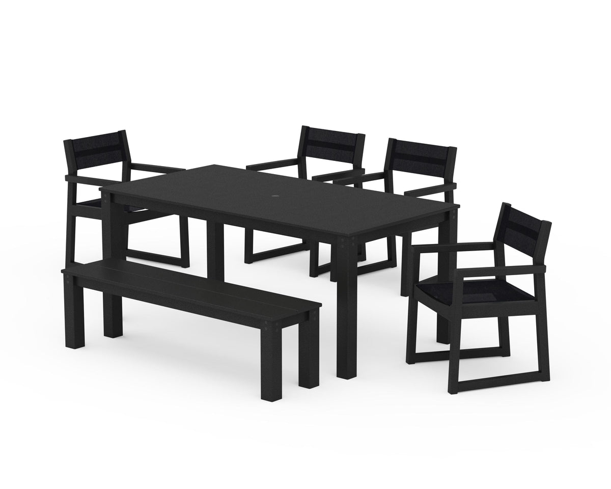 POLYWOOD EDGE Sling Arm Chair 6-Piece Parsons Dining Set with Bench in Black / Black