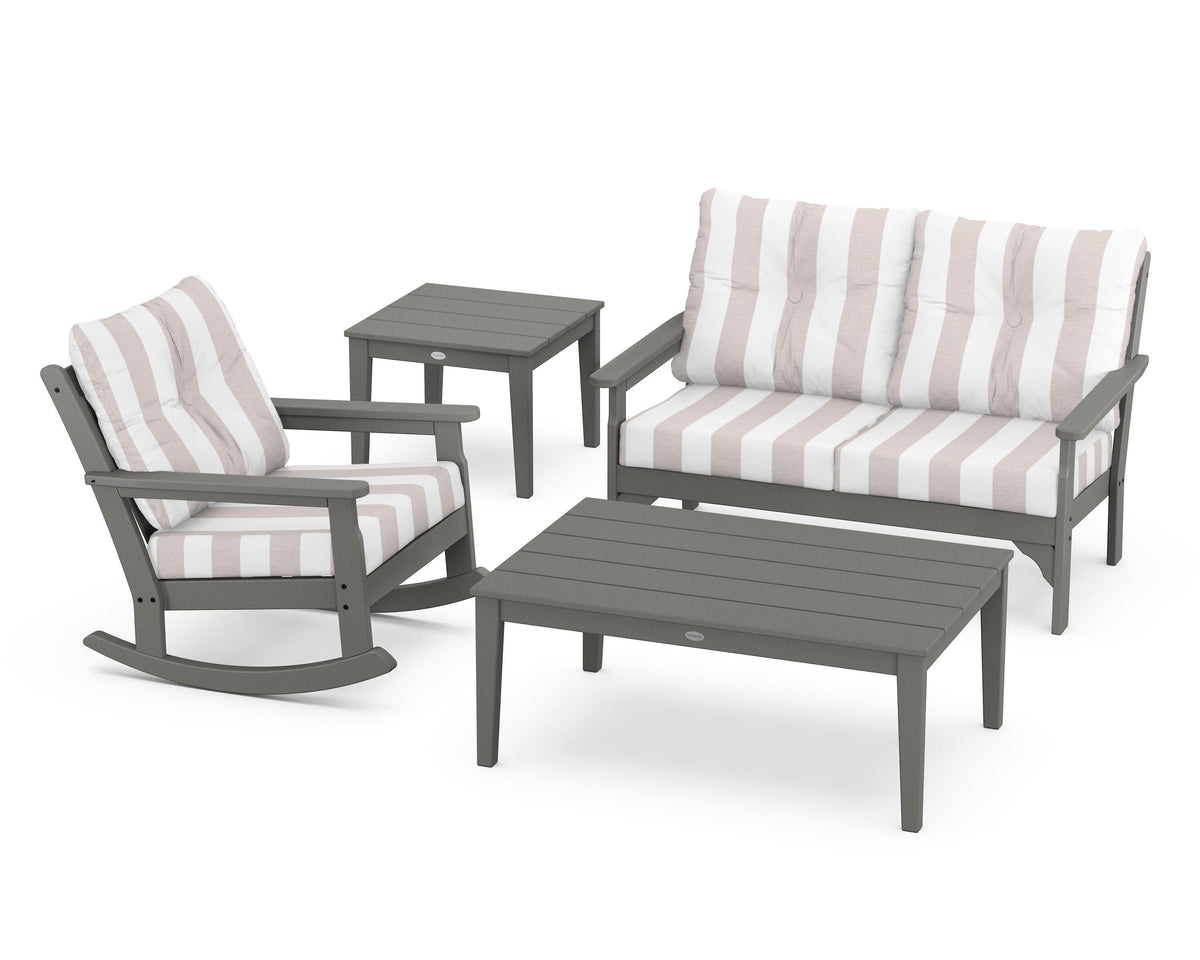 POLYWOOD Vineyard 4-Piece Deep Seating Rocker Set in Slate Grey / Cabana Stripe Dune Burlap