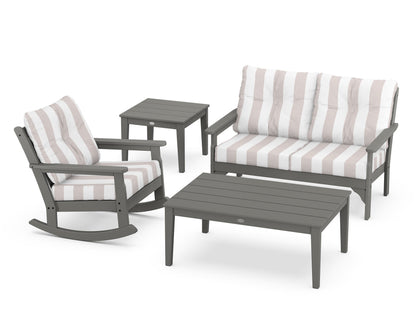 POLYWOOD Vineyard 4-Piece Deep Seating Rocker Set in Slate Grey / Cabana Stripe Dune Burlap