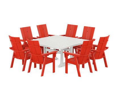 POLYWOOD Modern Curveback Adirondack 9-Piece Square Dining Set with Trestle Legs in Sunset Red / White