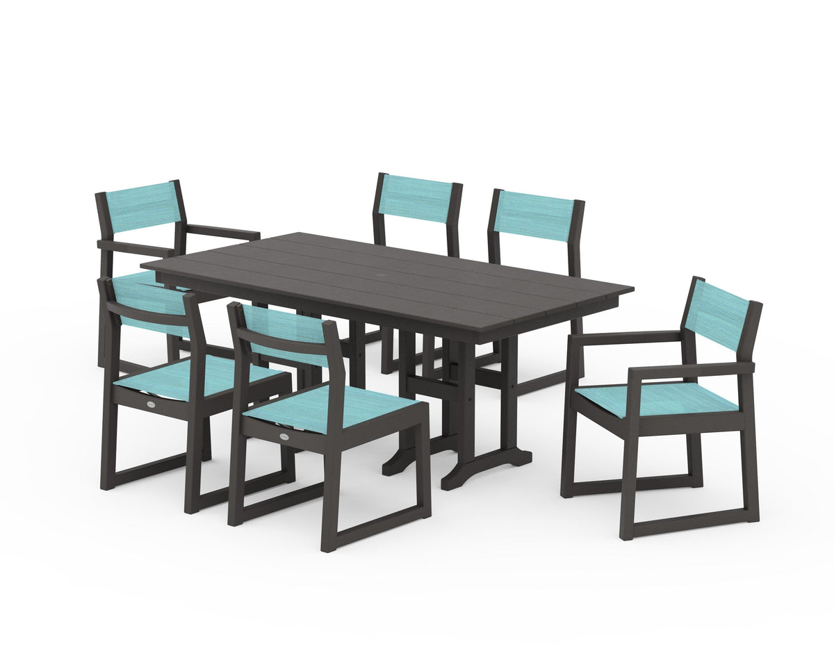 POLYWOOD EDGE Sling 7-Piece Farmhouse Dining Set in Vintage Coffee / Dupioni Aquamarine