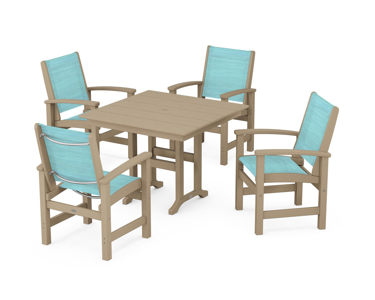 POLYWOOD Coastal 5-Piece Farmhouse Dining Set with Farmhouse 37" Dining Table in Vintage Sahara / Dupioni Aquamarine