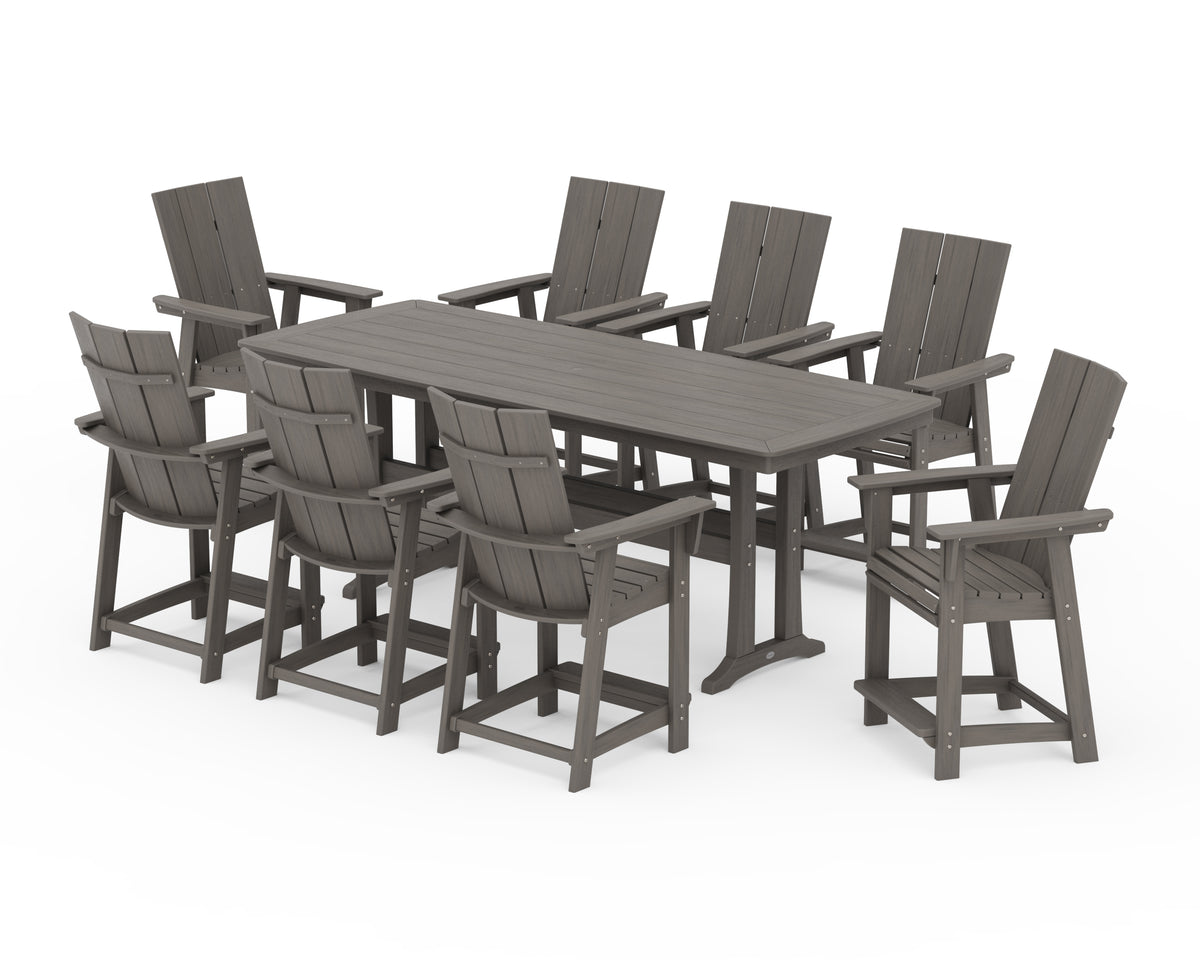 POLYWOOD Modern Curveback Adirondack 9-Piece Counter Set with Trestle Legs in Driftwood