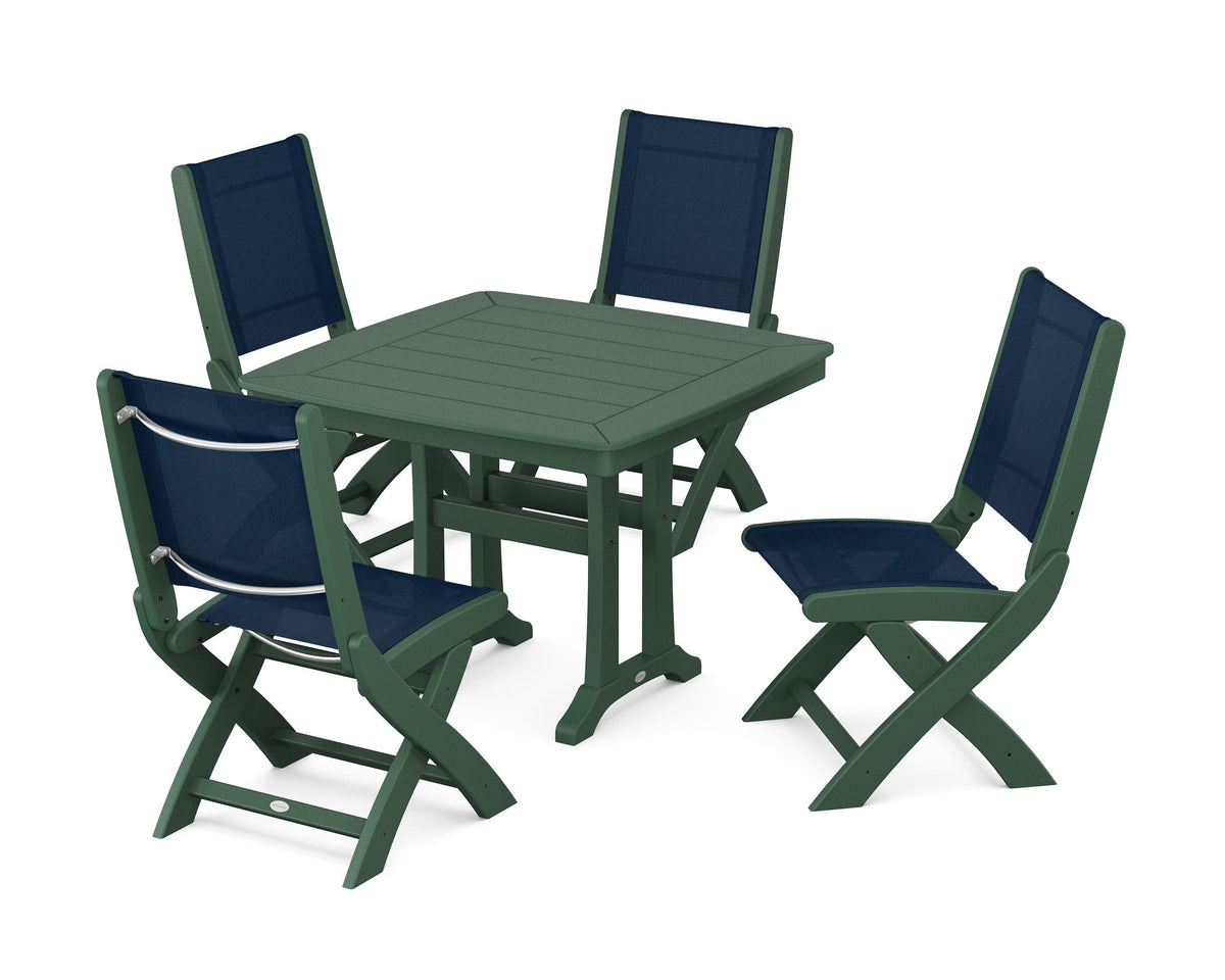 POLYWOOD Coastal Folding Side Chair 5-Piece Dining Set with Trestle Legs in Green / Navy Blue