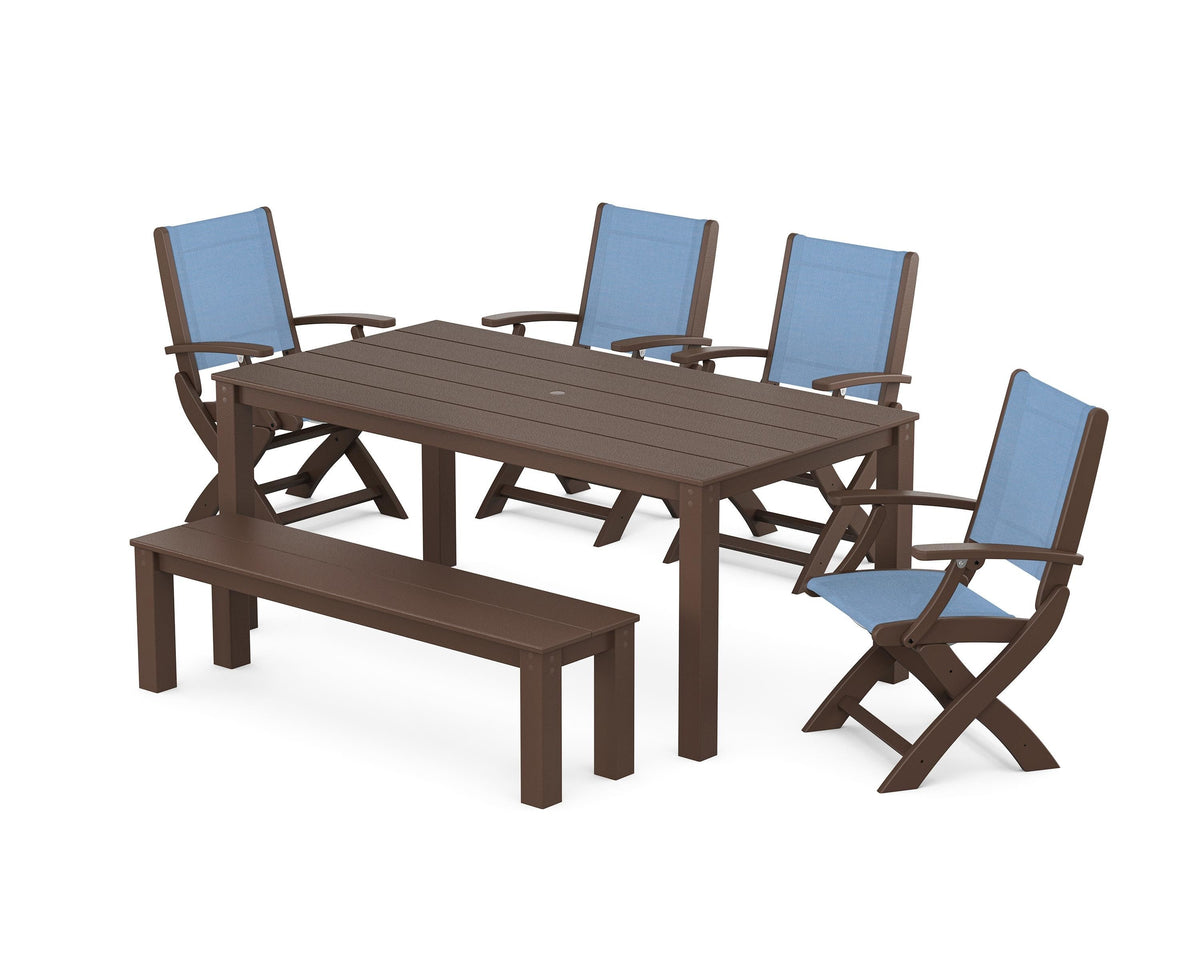 POLYWOOD Coastal Folding Chair 6-Piece Parsons Dining Set with Bench in Mahogany / Poolside
