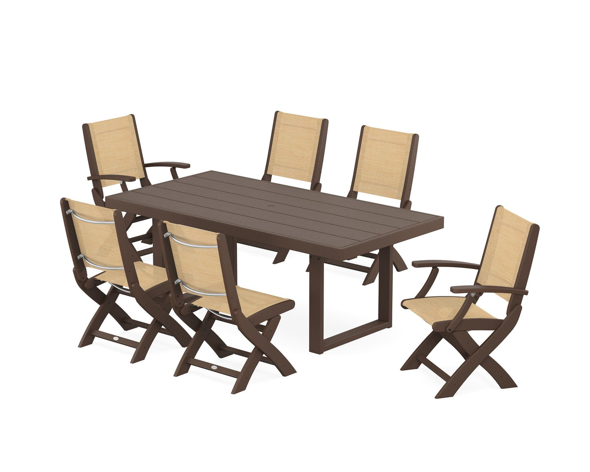 POLYWOOD Coastal Folding Chair 7-Piece Dining Set with Trestle Legs with EDGE 40" x 78" Dining Table in Mahogany / Dupioni Apricot