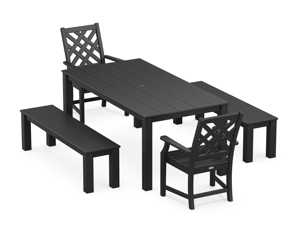 POLYWOOD Wovendale 5-Piece Parsons Dining Set with Benches in Black