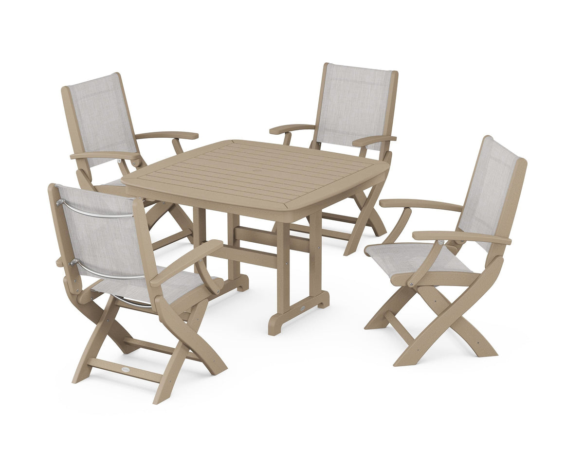 POLYWOOD Coastal Folding Chair 5-Piece Dining Set with Nautical 44" Dining Table in Vintage Sahara / Parchment