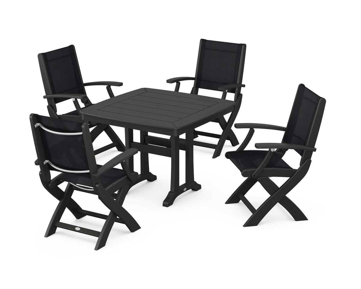POLYWOOD Coastal Folding Chair 5-Piece Dining Set with Trestle Legs in Black / Black