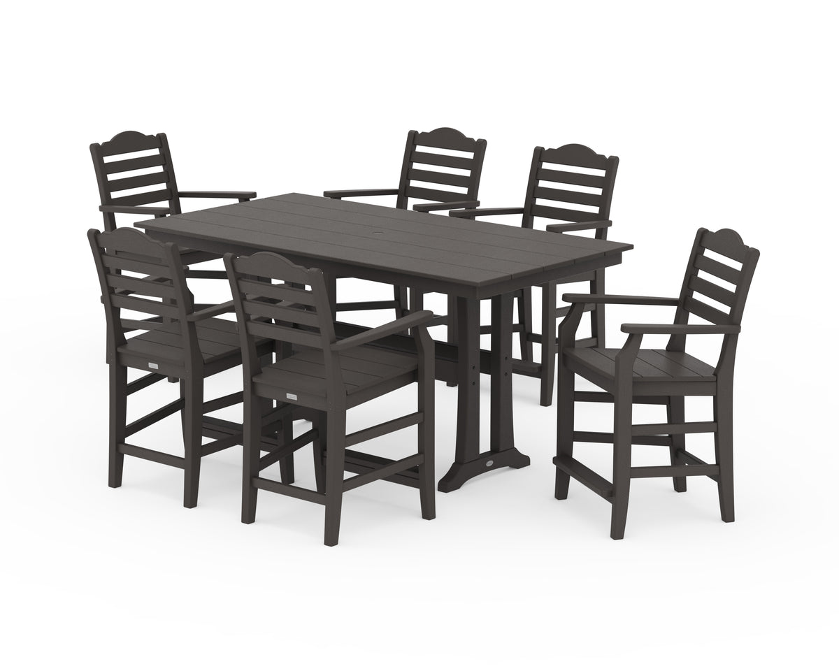 POLYWOOD Savannah Arm Chair 7-Piece Farmhouse Counter Set with Trestle Legs in Vintage Coffee