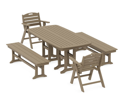 POLYWOOD Nautical Lowback 5-Piece Dining Set with Benches in Vintage Sahara