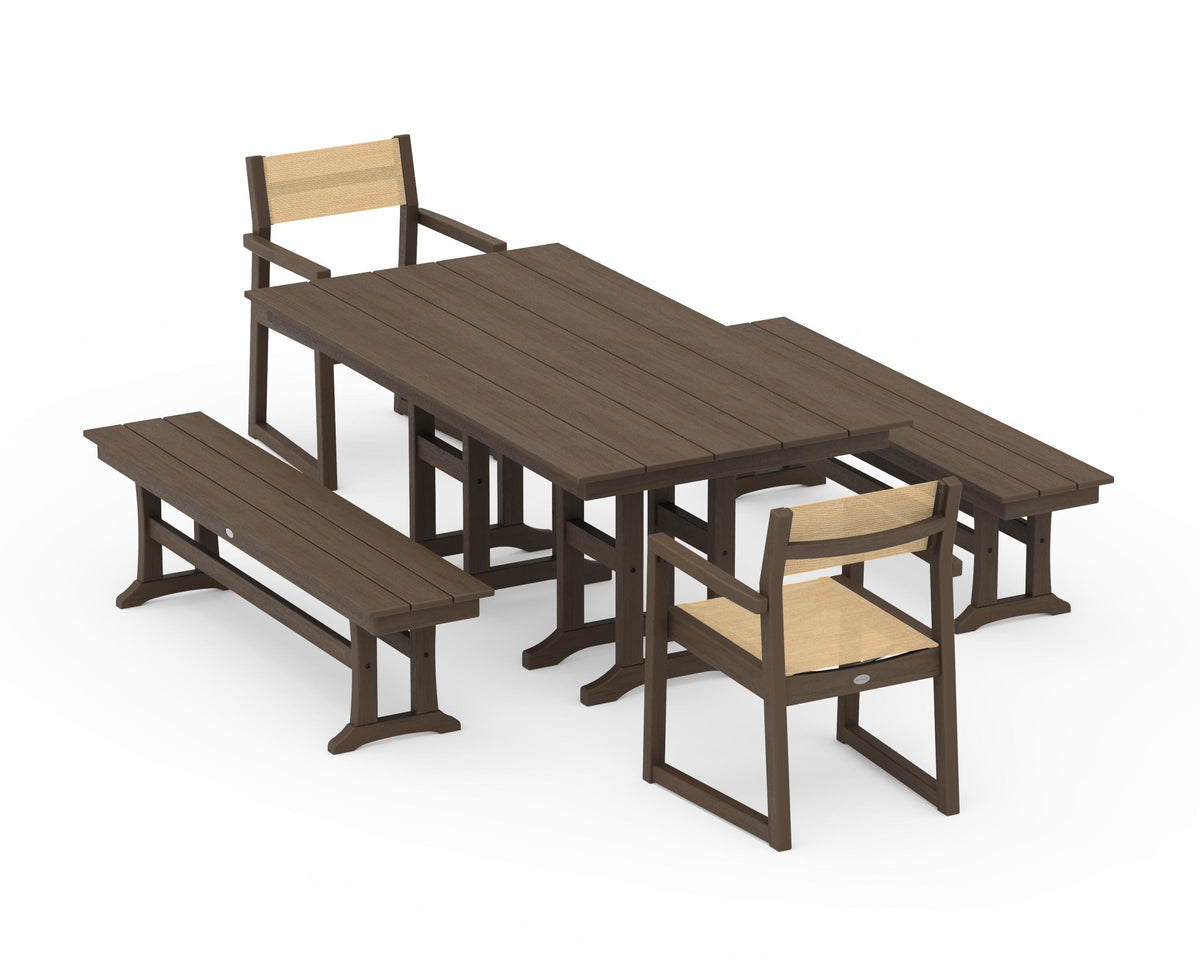 POLYWOOD EDGE Sling Arm Chair 5-Piece Farmhouse Dining Set with Benches in Kona / Dupioni Apricot