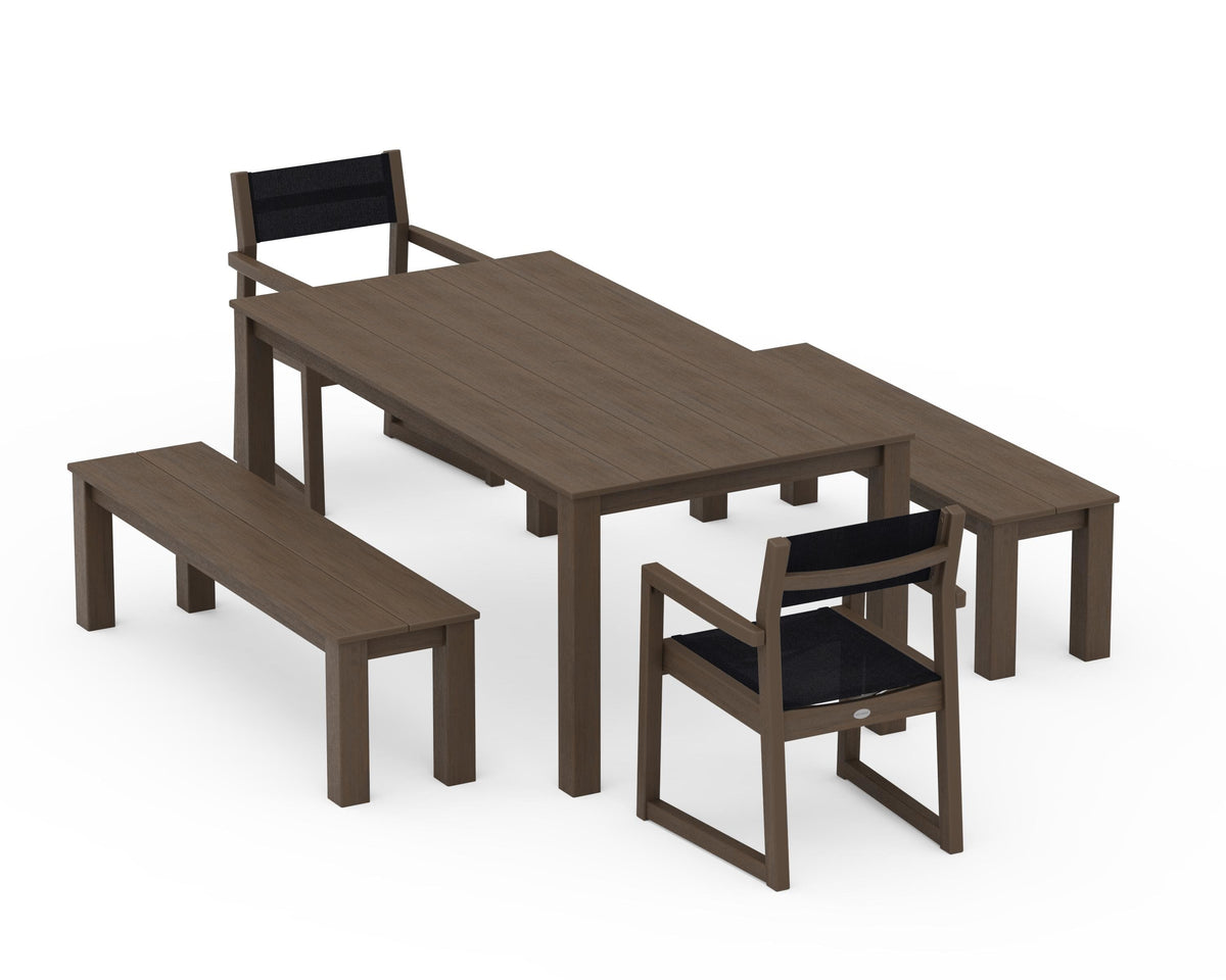 POLYWOOD EDGE Sling Arm Chair 5-Piece Parsons Dining Set with Benches in Kona / Black
