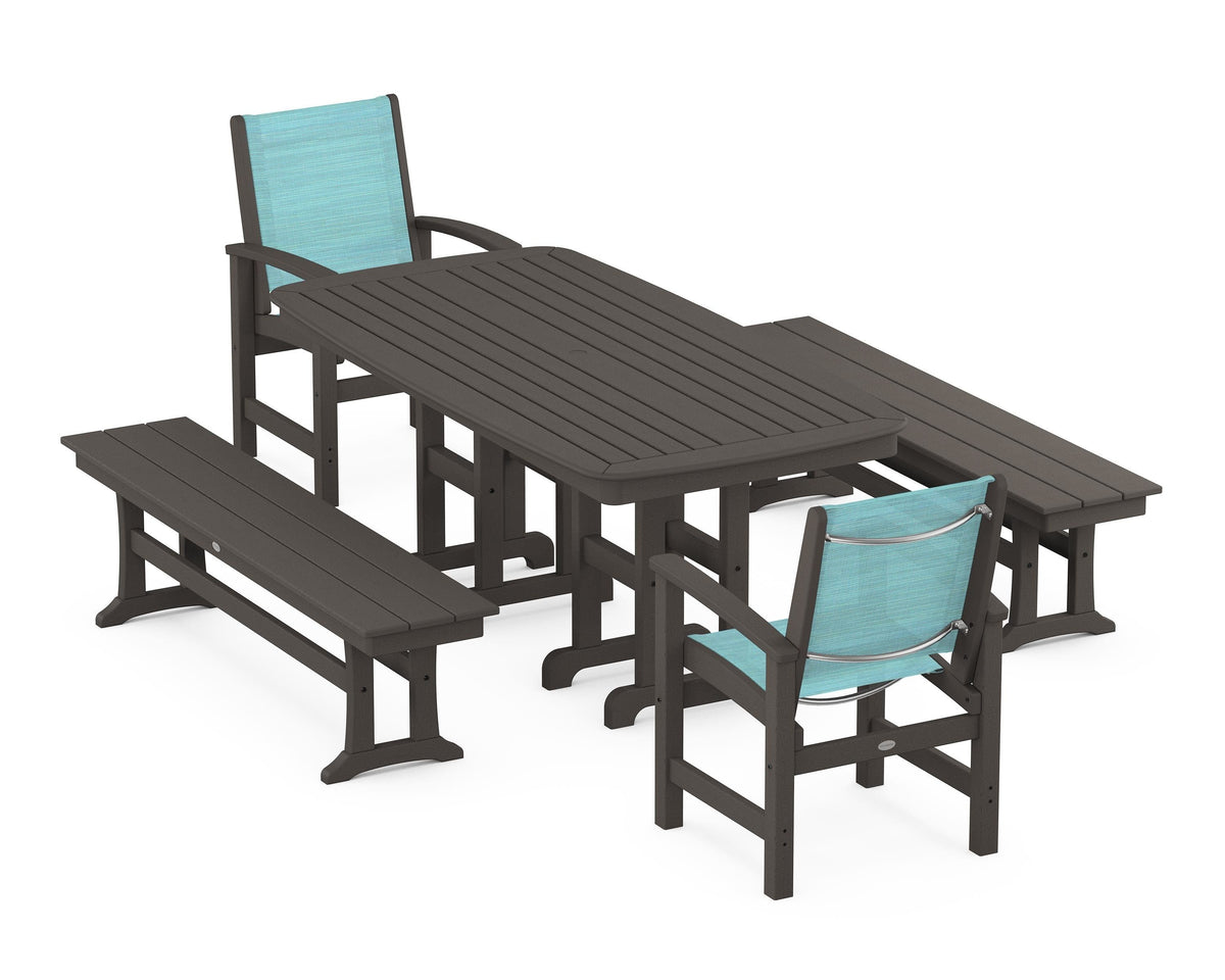 POLYWOOD Coastal 5-Piece Dining Set with Nautical 37" x 72" Dining Table in Vintage Coffee / Dupioni Aquamarine