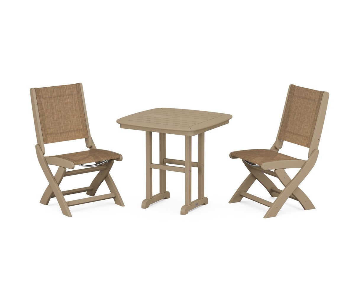 POLYWOOD Coastal Folding Side Chair 3-Piece Dining Set in Vintage Sahara / Burlap