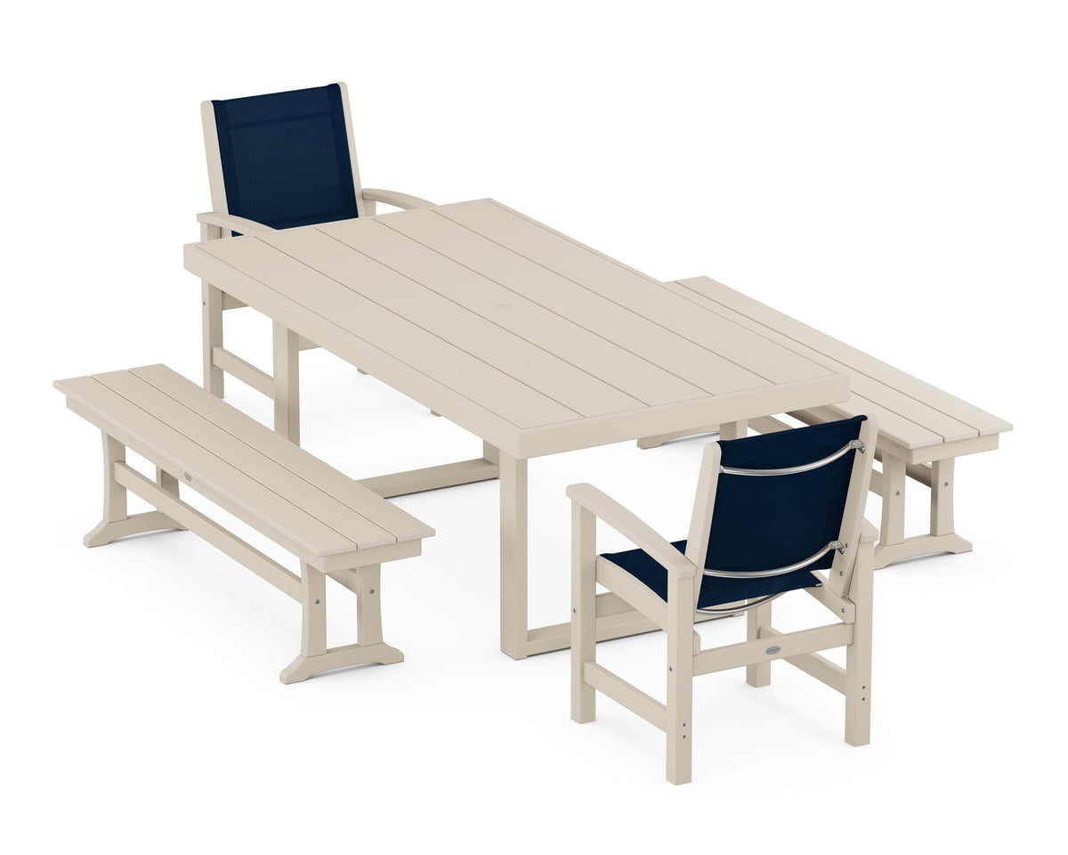 POLYWOOD Coastal 5-Piece Dining Set with Trestle Legs with EDGE 40" x 78" Dining Table in Sand / Navy Blue