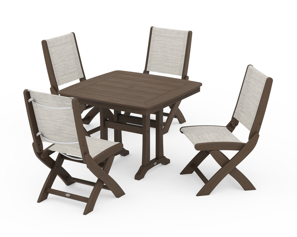 POLYWOOD Coastal Folding Side Chair 5-Piece Dining Set with Trestle Legs in Kona / Birch