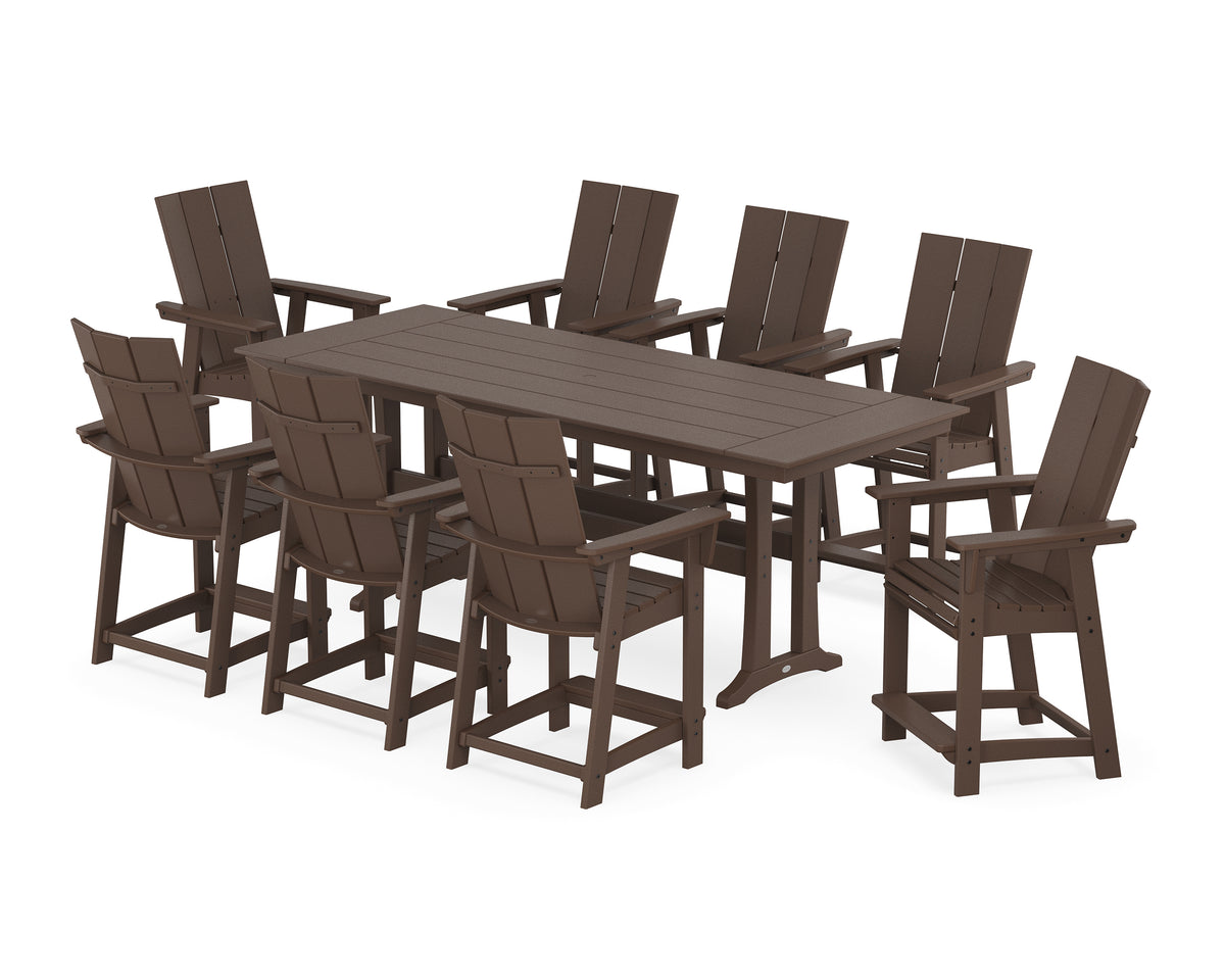 POLYWOOD Modern Curveback Adirondack 9-Piece Farmhouse Counter Set with Trestle Legs in Mahogany