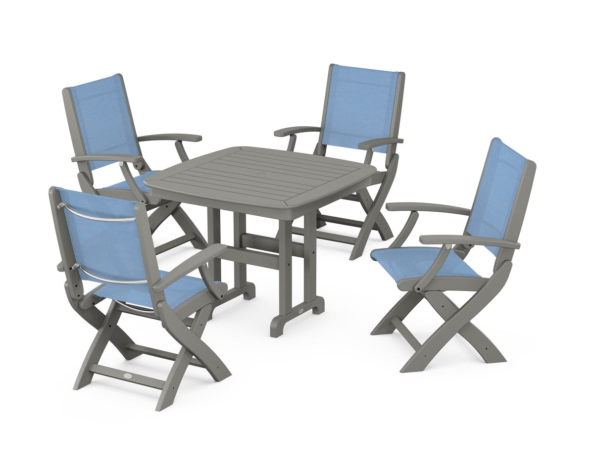 POLYWOOD Coastal Folding Chair 5-Piece Dining Set with Nautical 37" Dining Table in Slate Grey / Poolside