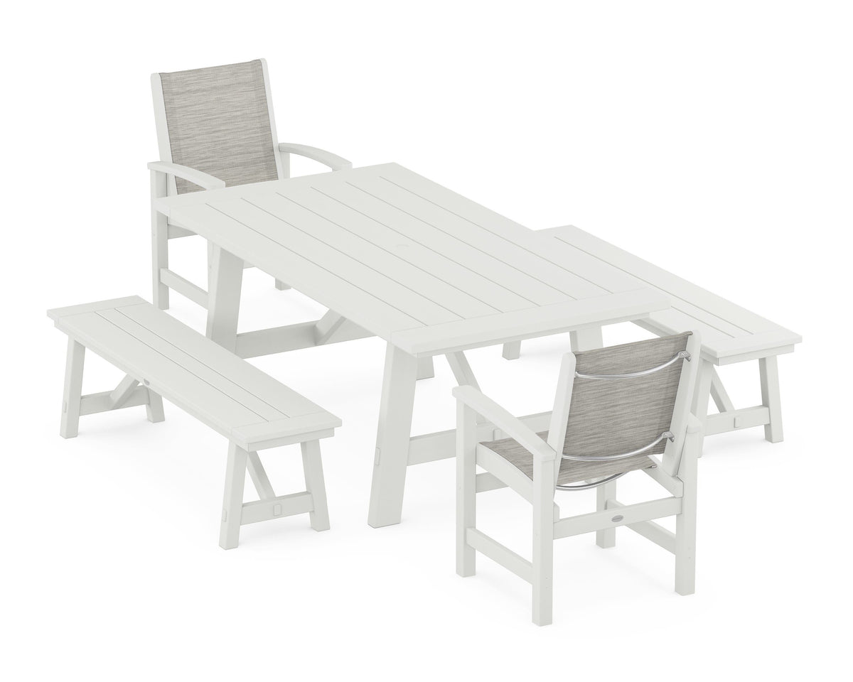 POLYWOOD Coastal 5-Piece Rustic Farmhouse Dining Set With Benches in Vintage White / Birch