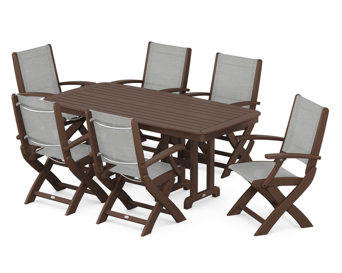 POLYWOOD Coastal Folding Arm Chair 7-Piece Dining Set in Mahogany / Metallic
