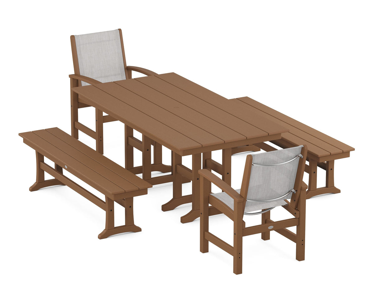 POLYWOOD Coastal 5-Piece Farmhouse Dining Set with Farmhouse 37" x 72" Dining Table in Teak / Parchment