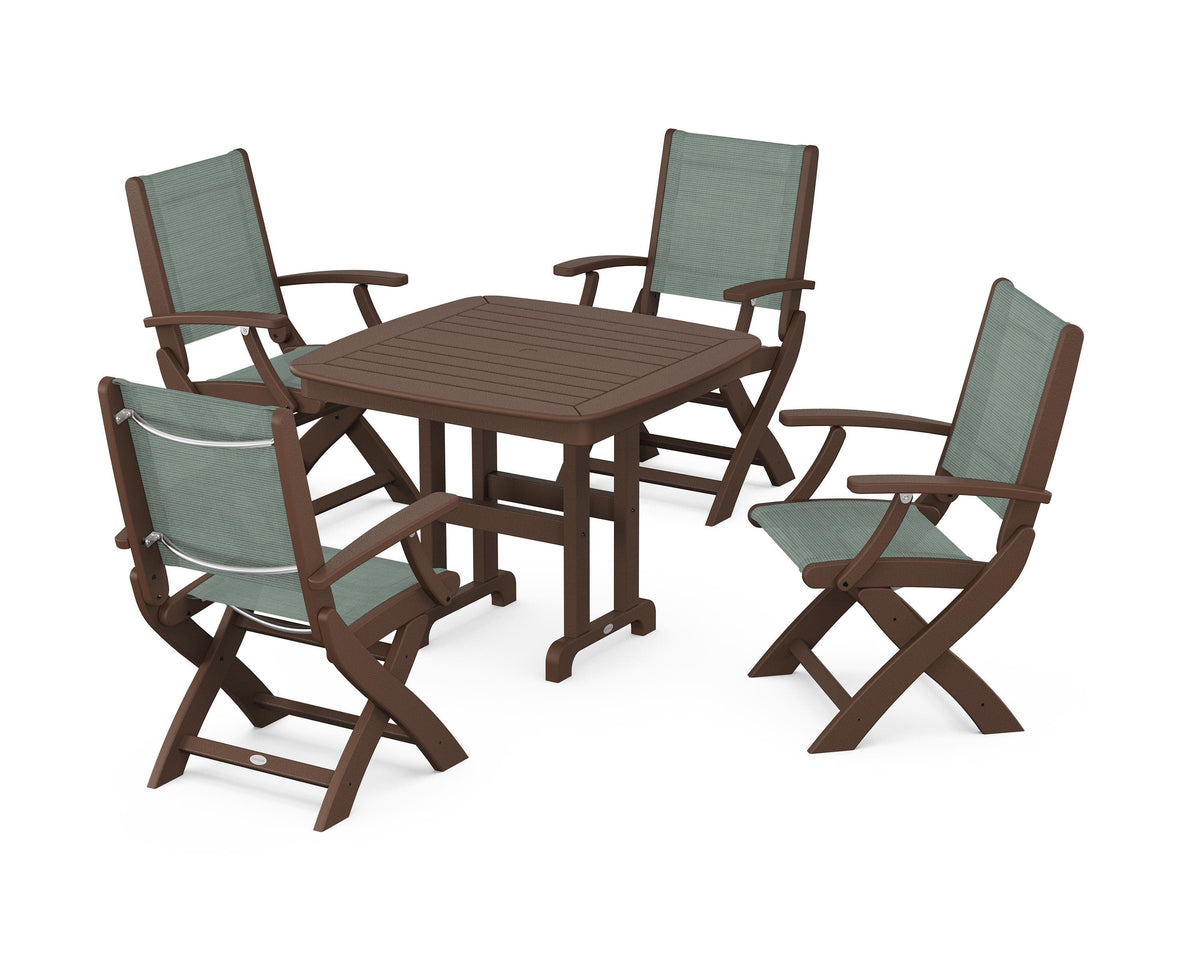 POLYWOOD Coastal Folding Chair 5-Piece Dining Set with Nautical 37" Dining Table in Mahogany / Dupioni Sea Mist