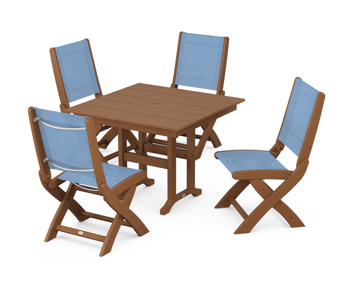 POLYWOOD Coastal Folding Side Chair 5-Piece Farmhouse Dining Set in Teak / Poolside