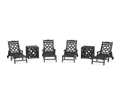 POLYWOOD Chinoiserie 6-Piece Chaise Set with Umbrella Stand Accent Table in Black