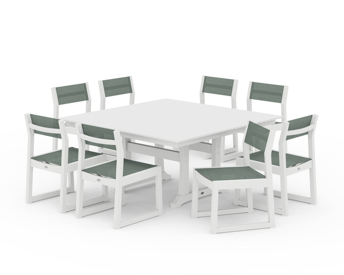 POLYWOOD EDGE Sling Side Chair 9-Piece Farmhouse Trestle Dining Set in White / Dupioni Sea Mist