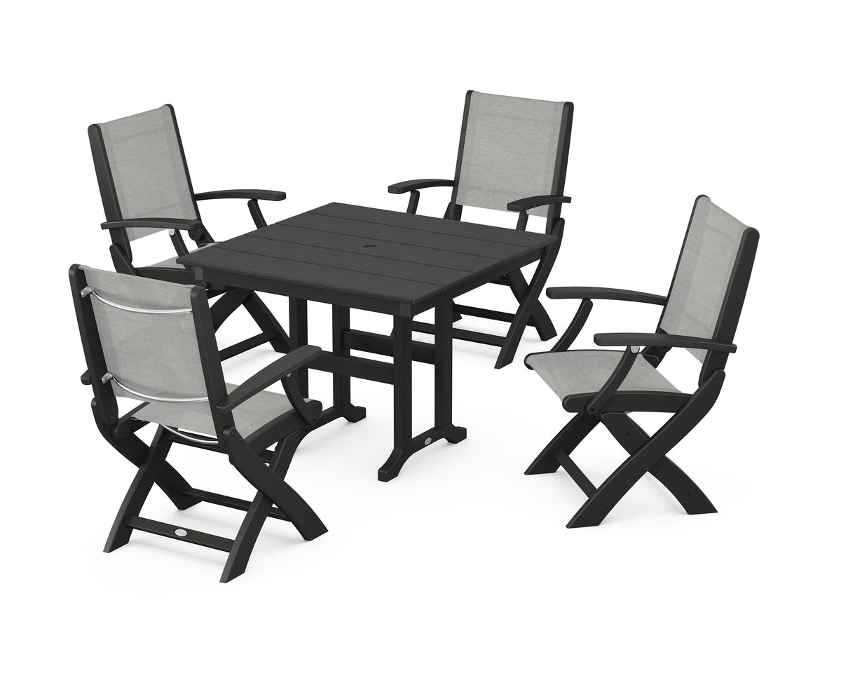 POLYWOOD Coastal Folding Chair 5-Piece Farmhouse Dining Set in Black / Metallic