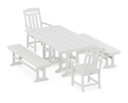 POLYWOOD Cottage 5-Piece Farmhouse Dining Set with Benches in White