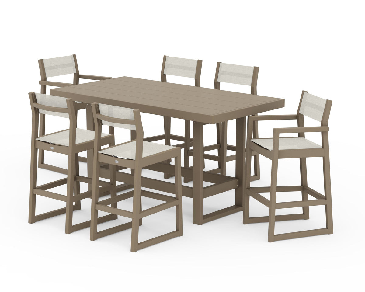 POLYWOOD EDGE Sling 7-Piece Bar Table Set in Vintage Sahara / Parchment